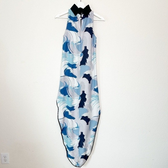 Lizna Dramatic High Low Blue and Black Graphic Silk Blouse XS - Picture 7 of 10